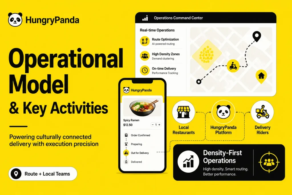 Business Model of HungryPanda : Complete Strategy Breakdown 2026 1 Featured image for HungryPanda operational model showing route optimization, high-density delivery zones, local restaurants, delivery riders, order tracking, and real-time operations command center.