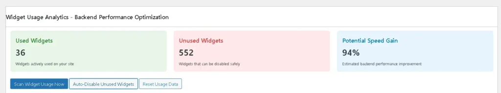 Auto-disable action button in Elementor optimizer used to automatically turn off unused widgets in WordPress.