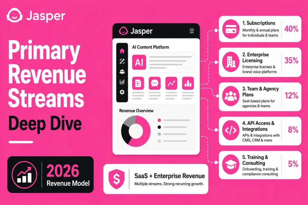 Jasper Revenue Model: How Jasper Makes Money in 2026 1 Infographic showing Jasperโs primary revenue streams, including subscriptions, enterprise licensing, team and agency plans, API access, integrations, training, consulting, and SaaS revenue growth.