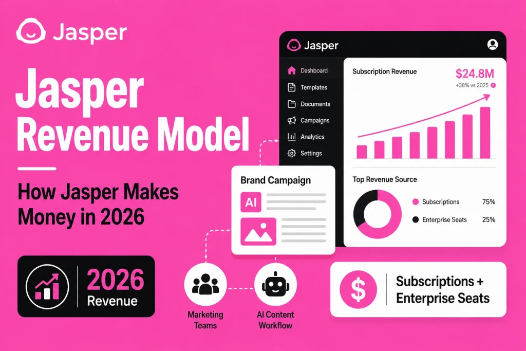 Featured image for Jasper revenue model showing AI content platform dashboard, subscription revenue, enterprise seats, brand campaigns, marketing teams, AI content workflow, and revenue growth.