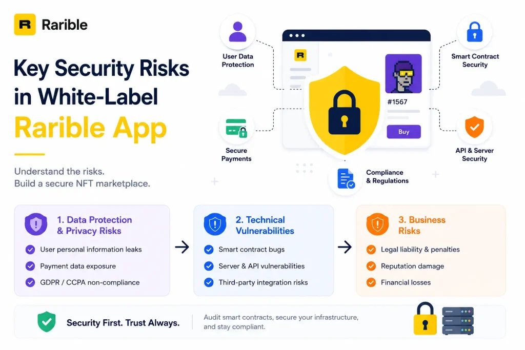 How Safe is a White-Label Rarible App? Security Guide 2026 1 Infographic explaining key security risks in a white-label Rarible app, including data protection, secure payments, smart contract security, API vulnerabilities, server security, and compliance risks.