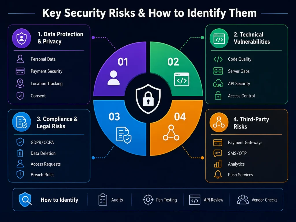 Infographic showing key white-label app security risks including data privacy, technical vulnerabilities, compliance risks, third-party risks, audits, pen testing, API review, and vendor checks.
