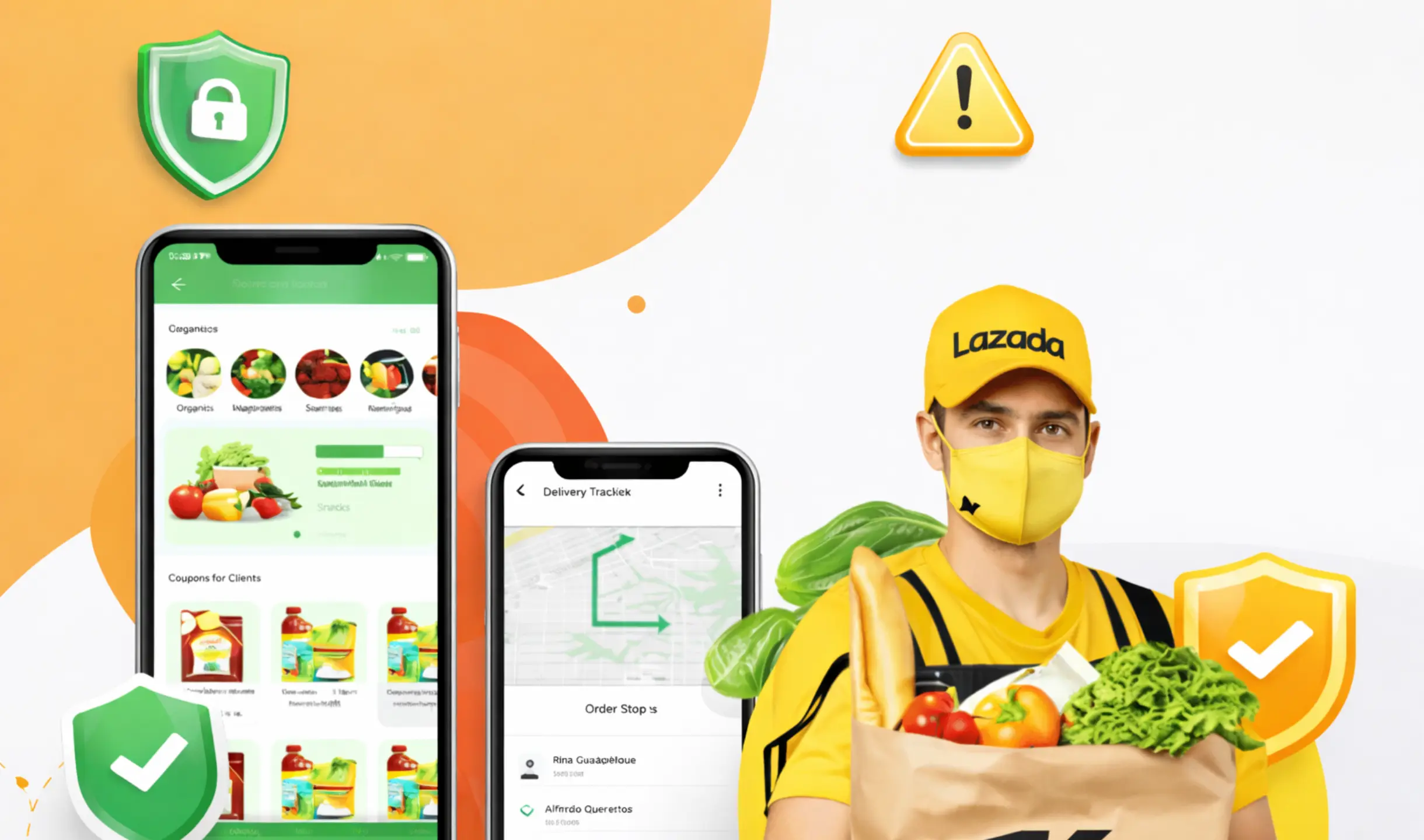 Grocery delivery app interface with Lazada branding, security shield icons, and Australia map showing secure white-label marketplace app