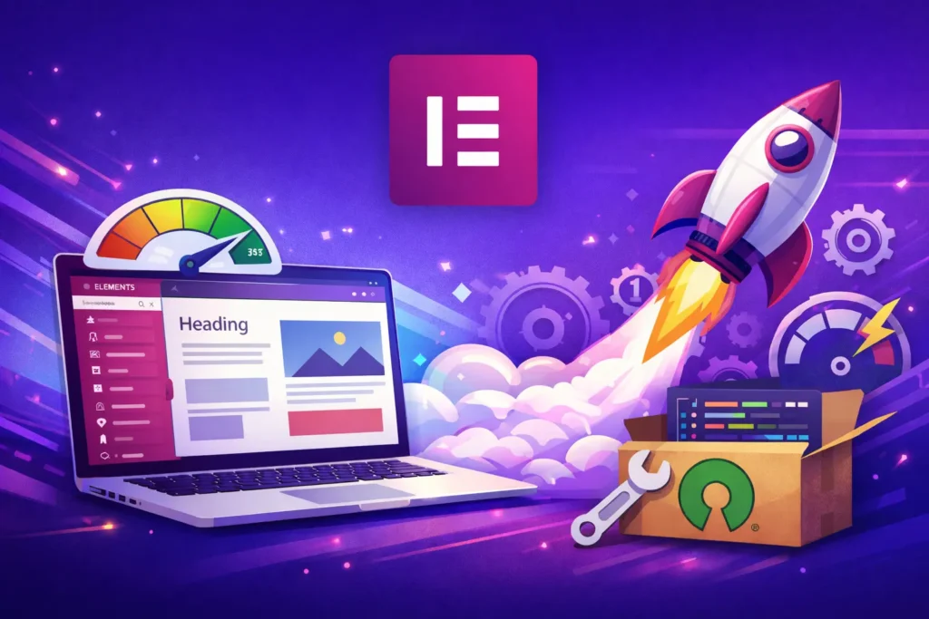 Elementor editor interface on laptop with rocket launch, speed gauge, gears, and Elementor logo representing performance optimization and open-source development.