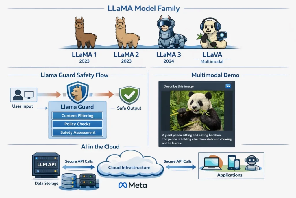 LLaMA model family illustration showing LLaMA 1, LLaMA 2, LLaMA 3, and LLaVA, plus Llama Guard safety flow, multimodal demo, and AI cloud API diagram