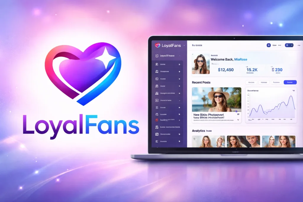 LoyalFans branding with heart logo and a laptop showing the LoyalFans creator dashboard with earnings, followers, posts, and analytics graph