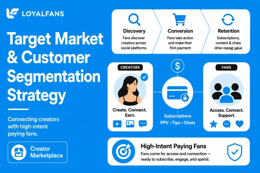 Business Model of LoyalFans: Complete Strategy Breakdown 2026 1 Featured image for LoyalFans target market and customer segmentation strategy showing creators, paying fans, subscriptions, discovery, conversion, retention, PPV, tips, and chat-based monetization.