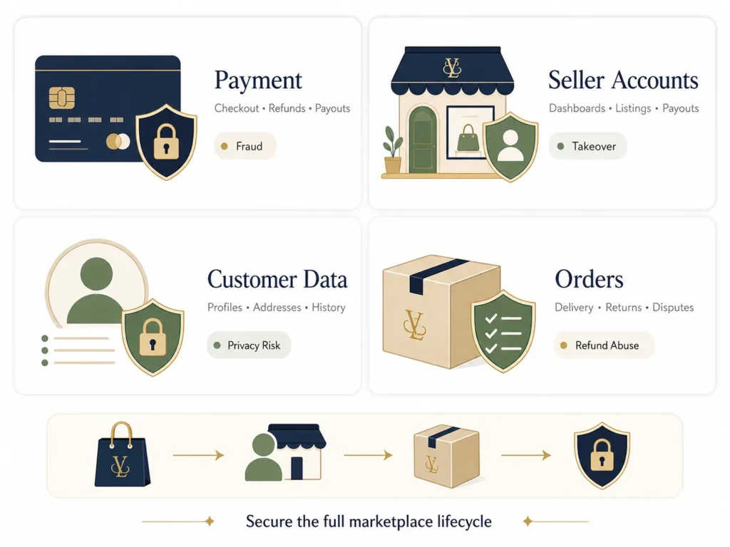 Luxury Fashion Marketplace Security: Protecting Payments, Seller Accounts, Customer Data, and Orders 1 Luxury fashion marketplace security areas covering payments, seller accounts, customer data, orders, refunds, and fraud prevention.