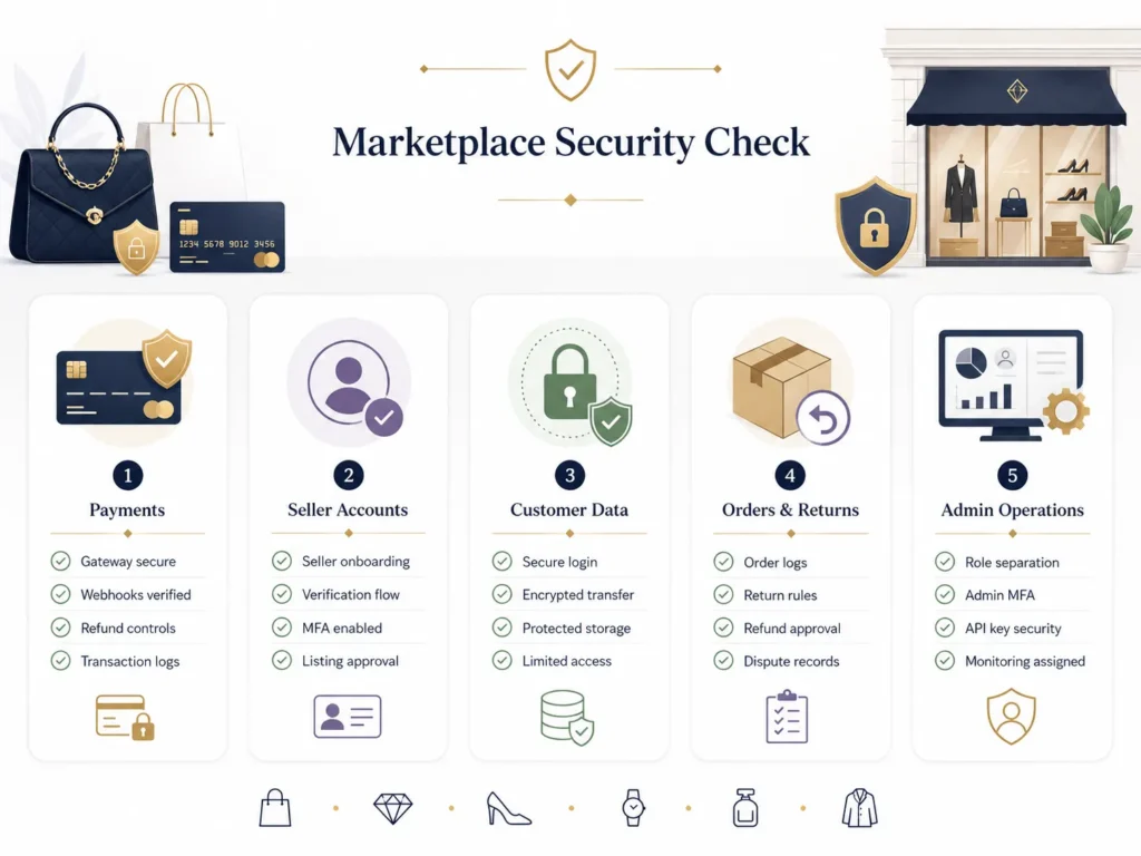 Luxury Fashion Marketplace Security: Protecting Payments, Seller Accounts, Customer Data, and Orders 2 Luxury fashion marketplace security checklist covering payments, seller accounts, customer data, orders, returns, and admin operations.
