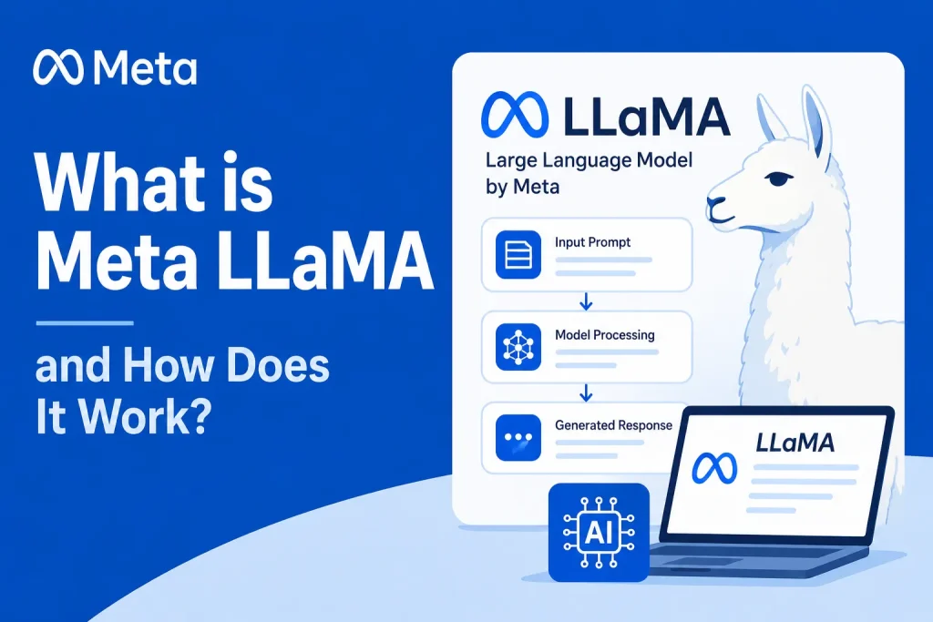 Illustration explaining Meta LLaMA with input prompt, model processing, and generated response workflow in a blue AI-themed design.
