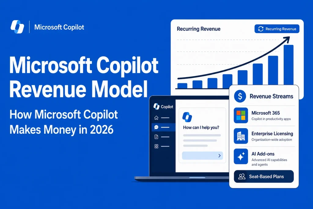 Featured image showing Microsoft Copilot revenue model with recurring revenue, Microsoft 365, enterprise licensing, AI add-ons, and seat-based plans for 2026.