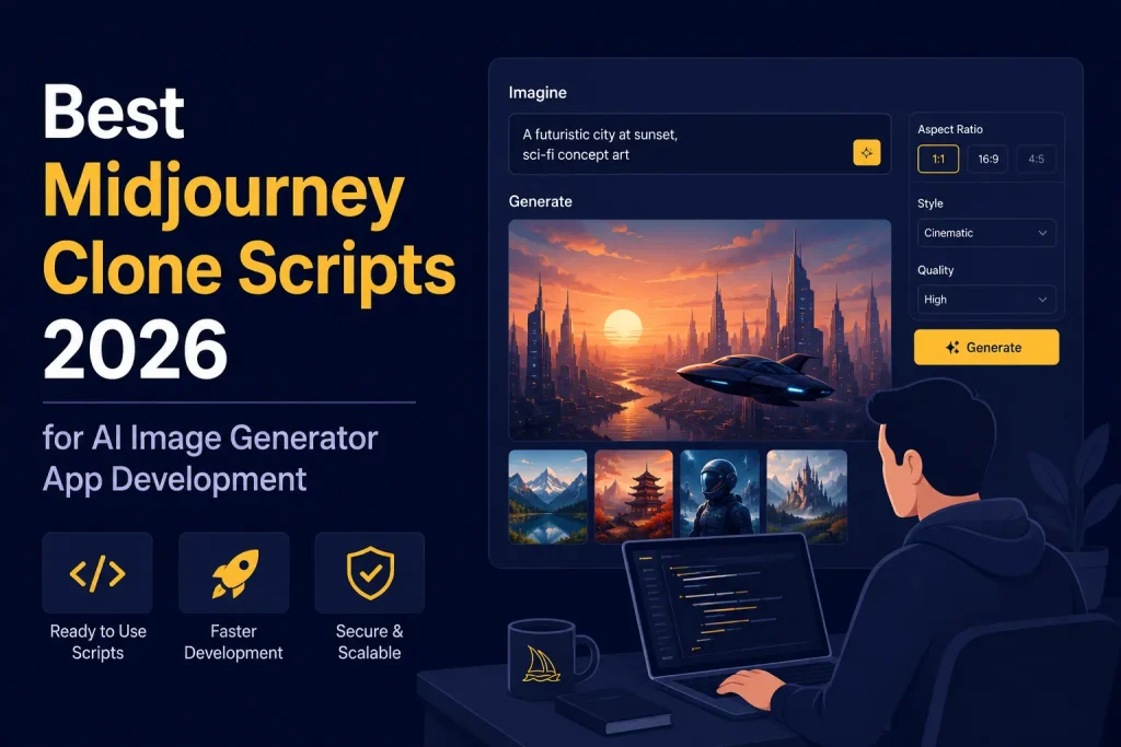 Best Midjourney clone scripts 2026 for AI image generator app development with ready-to-use, secure, and scalable features