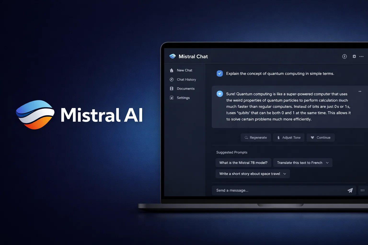 Mistral AI logo with Mistral Chat interface shown on a laptop screen