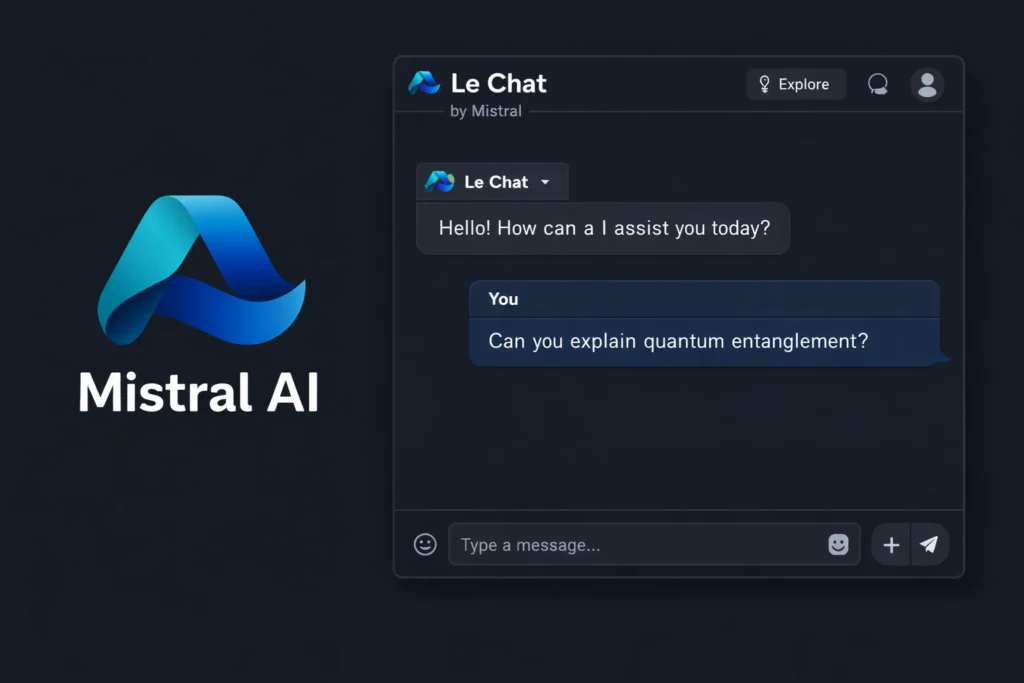 Mistral AI Le Chat interface with a user prompt about quantum entanglement.