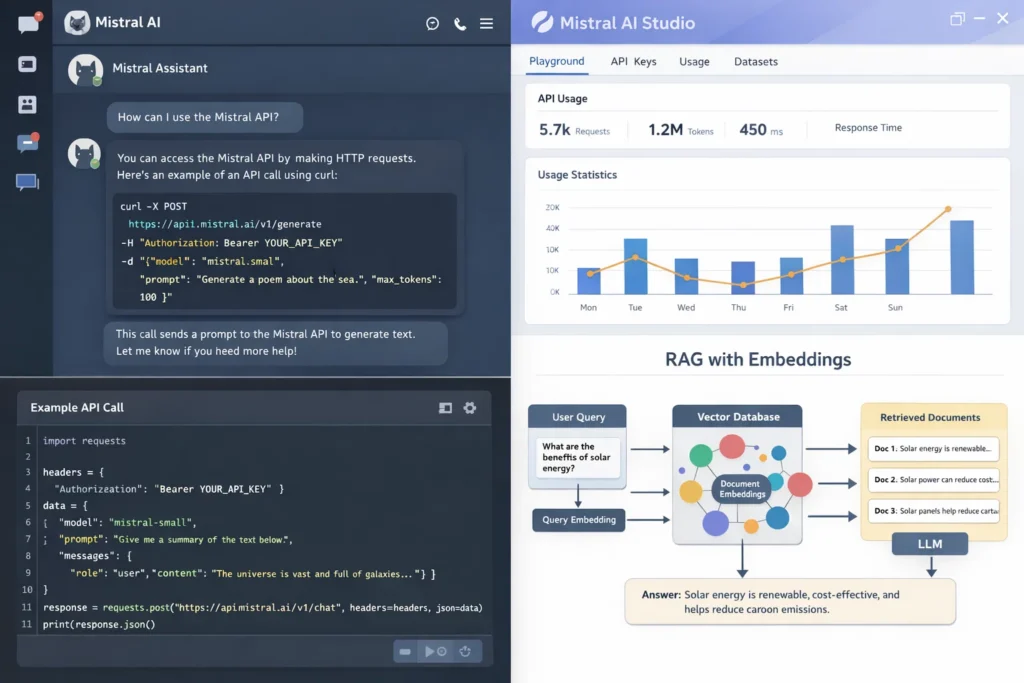 Mistral AI Studio dashboard showing API usage stats and a RAG with embeddings workflow.