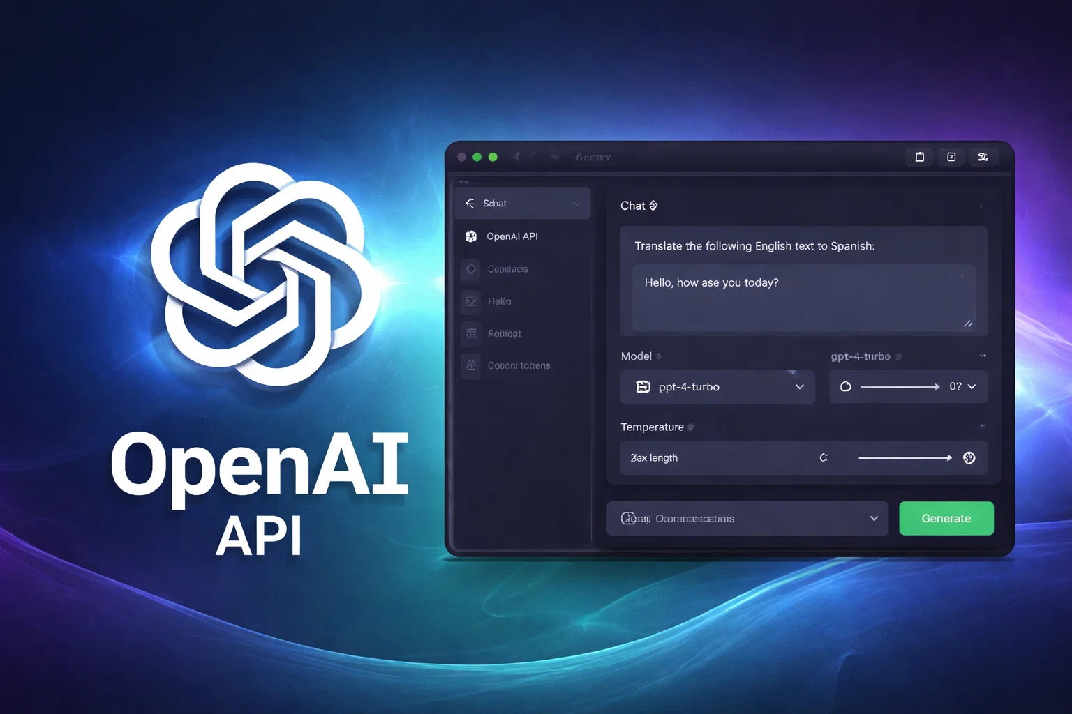 OpenAI API promotional graphic showing the OpenAI logo and a dark-mode dashboard interface with a translation prompt and model/temperature controls.