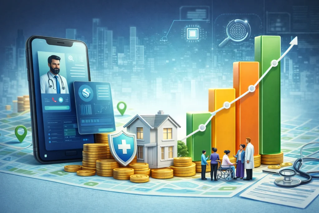 Digital healthcare insurance platform showing mobile care navigation, data analytics, and financial growth visualization
