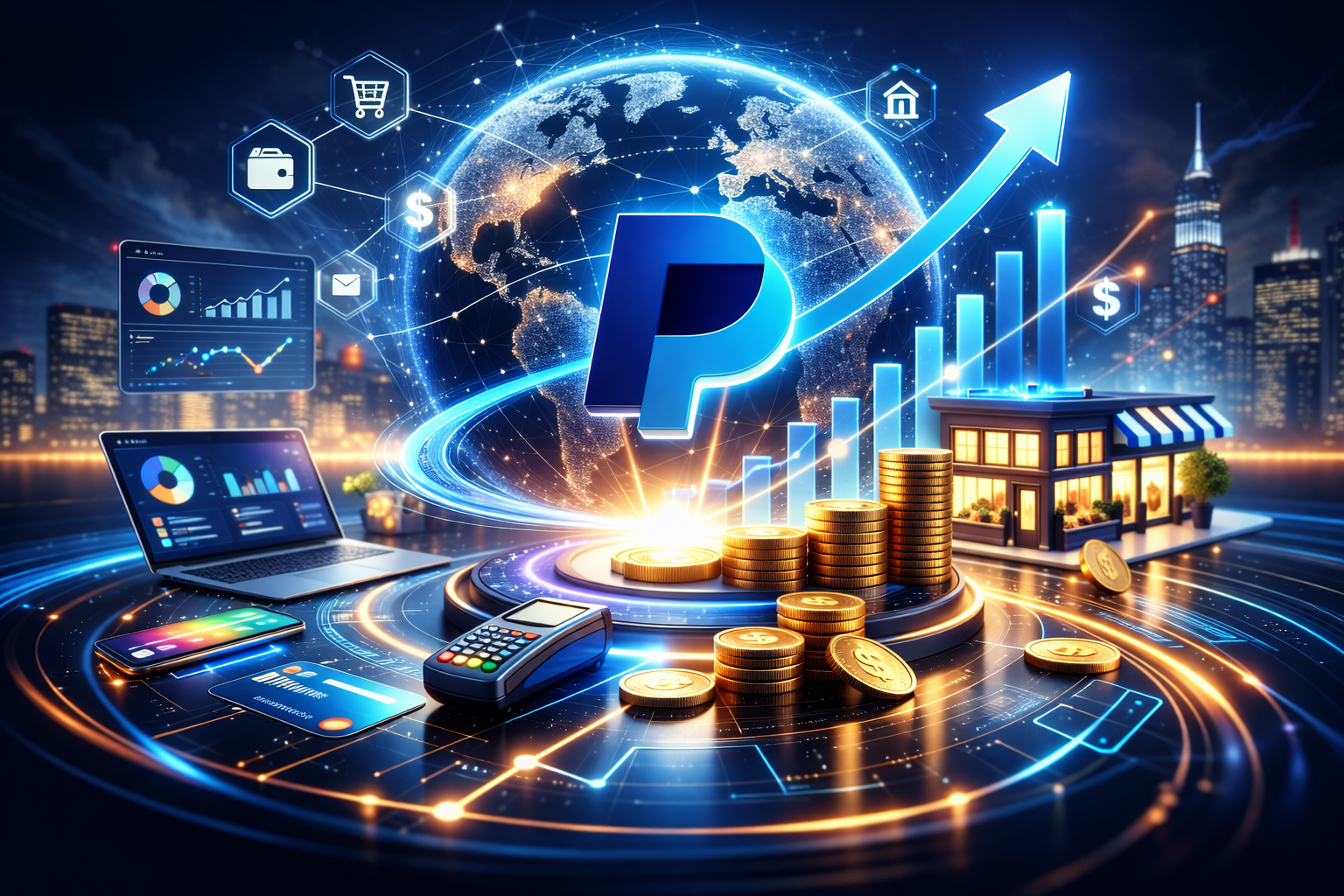 PayPal-inspired digital payments ecosystem with global transaction network and revenue growth visualization