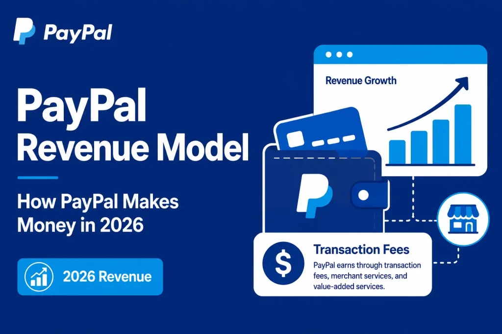 Featured image for PayPal revenue model showing digital wallet, payment card, transaction fees, merchant services, value-added services, and revenue growth in 2026.