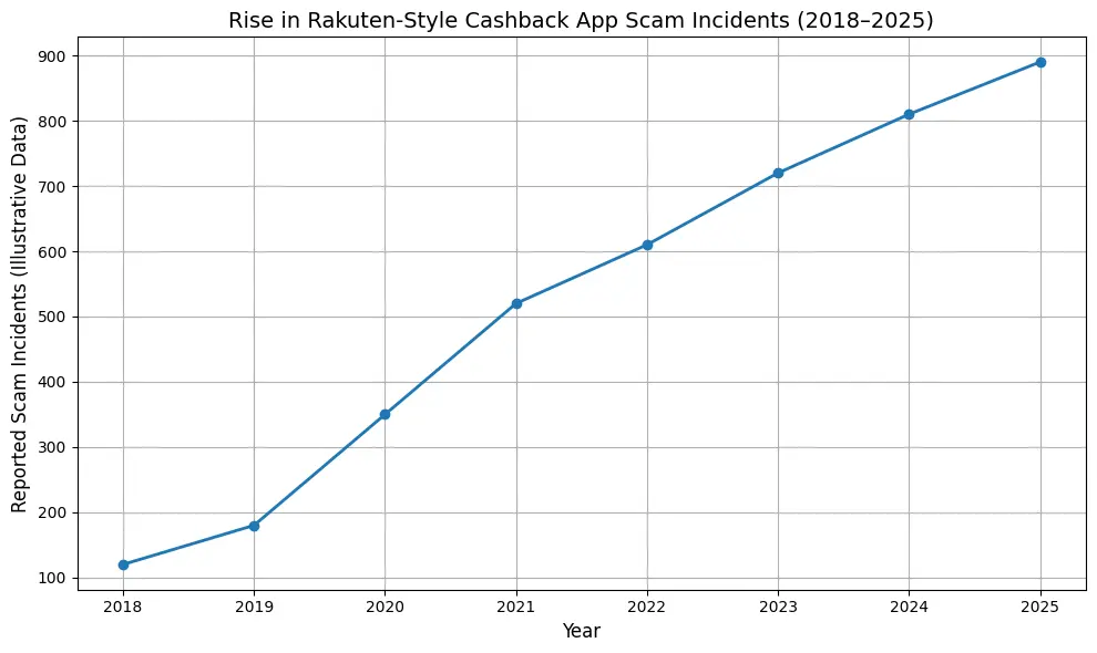 Line graph showing increase in Rakuten-style cashback app scam incidents from 2018 to 2025