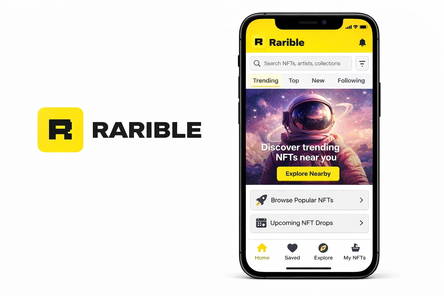 Rarible mobile app interface showing trending NFTs, explore nearby feature, and browse popular NFT collections.