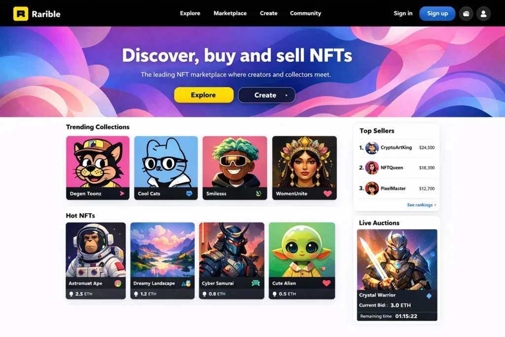 Rarible NFT marketplace homepage displaying trending collections, hot NFTs, top sellers, and live auctions.