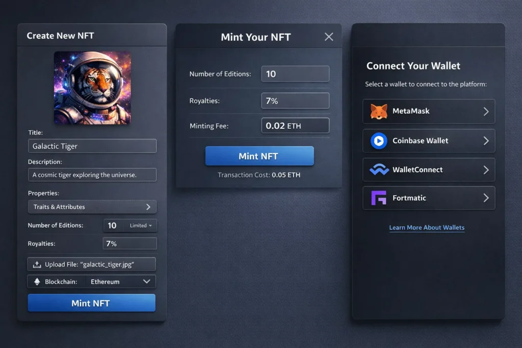 Rarible NFT minting interface showing create NFT form, royalty settings, Ethereum mint fee, and wallet connection options like MetaMask and Coinbase Wallet.