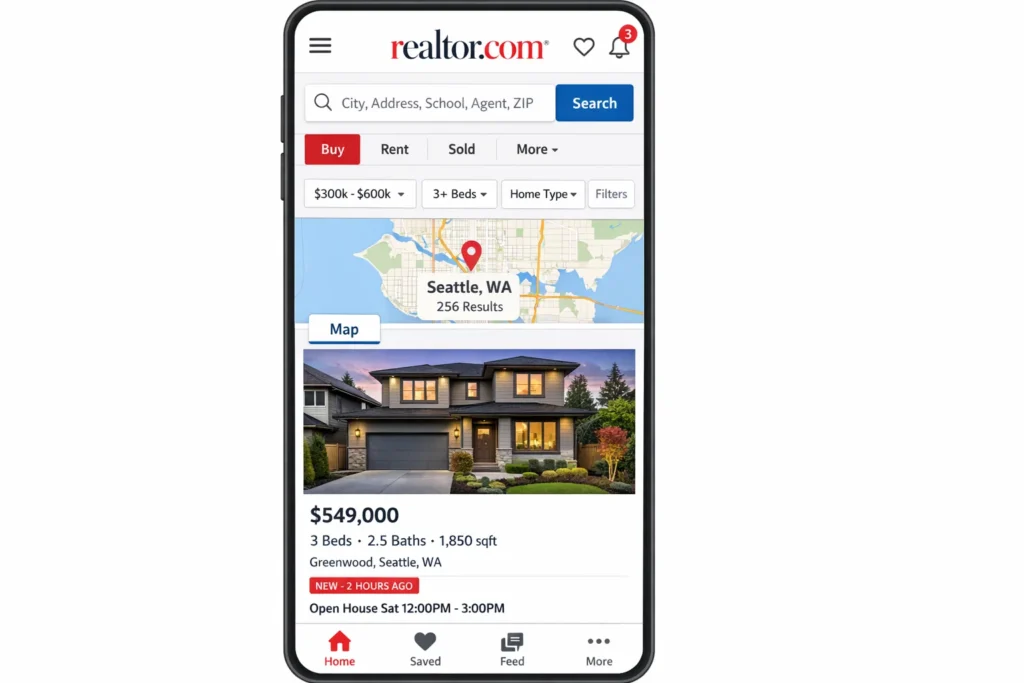 Realtor.com mobile app showing Seattle property listing with map view, price details, and home search filters