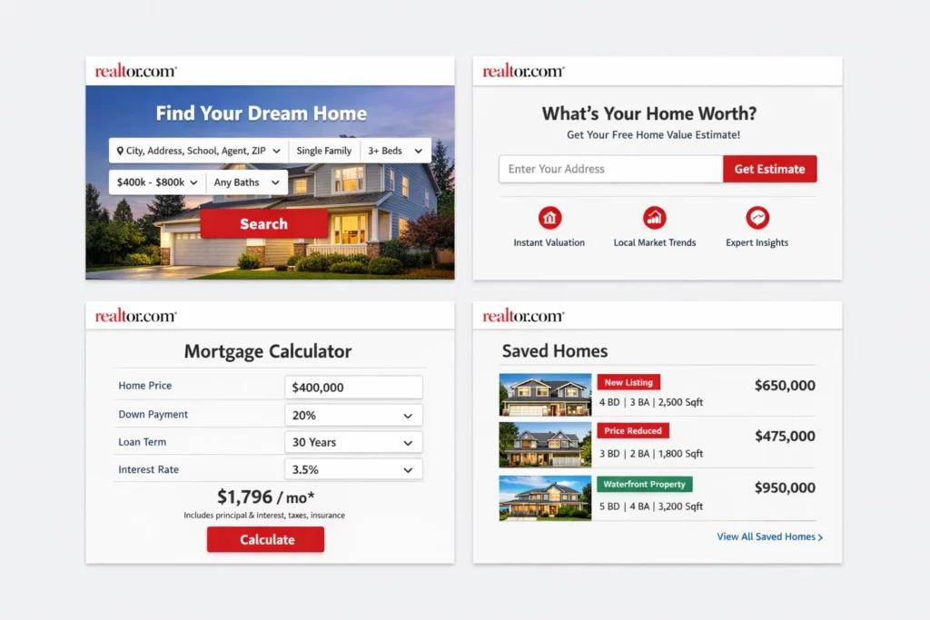 Realtor.com real estate platform features including home search, home value estimate, mortgage calculator, and saved homes dashboard