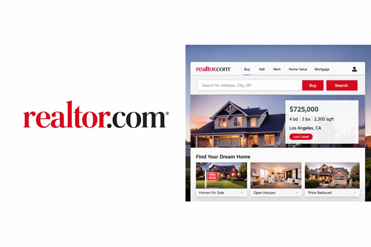 Realtor.com real estate website interface showing home search bar, property listing with price, and Los Angeles house for sale