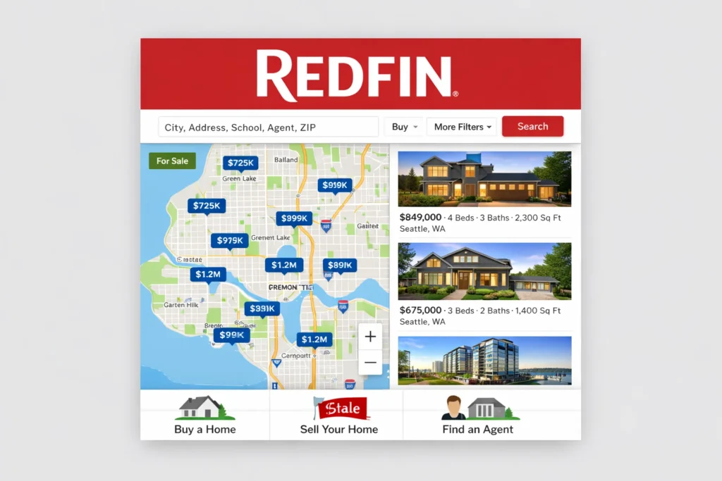Redfin real estate website showing Seattle home listings with interactive map and property prices.