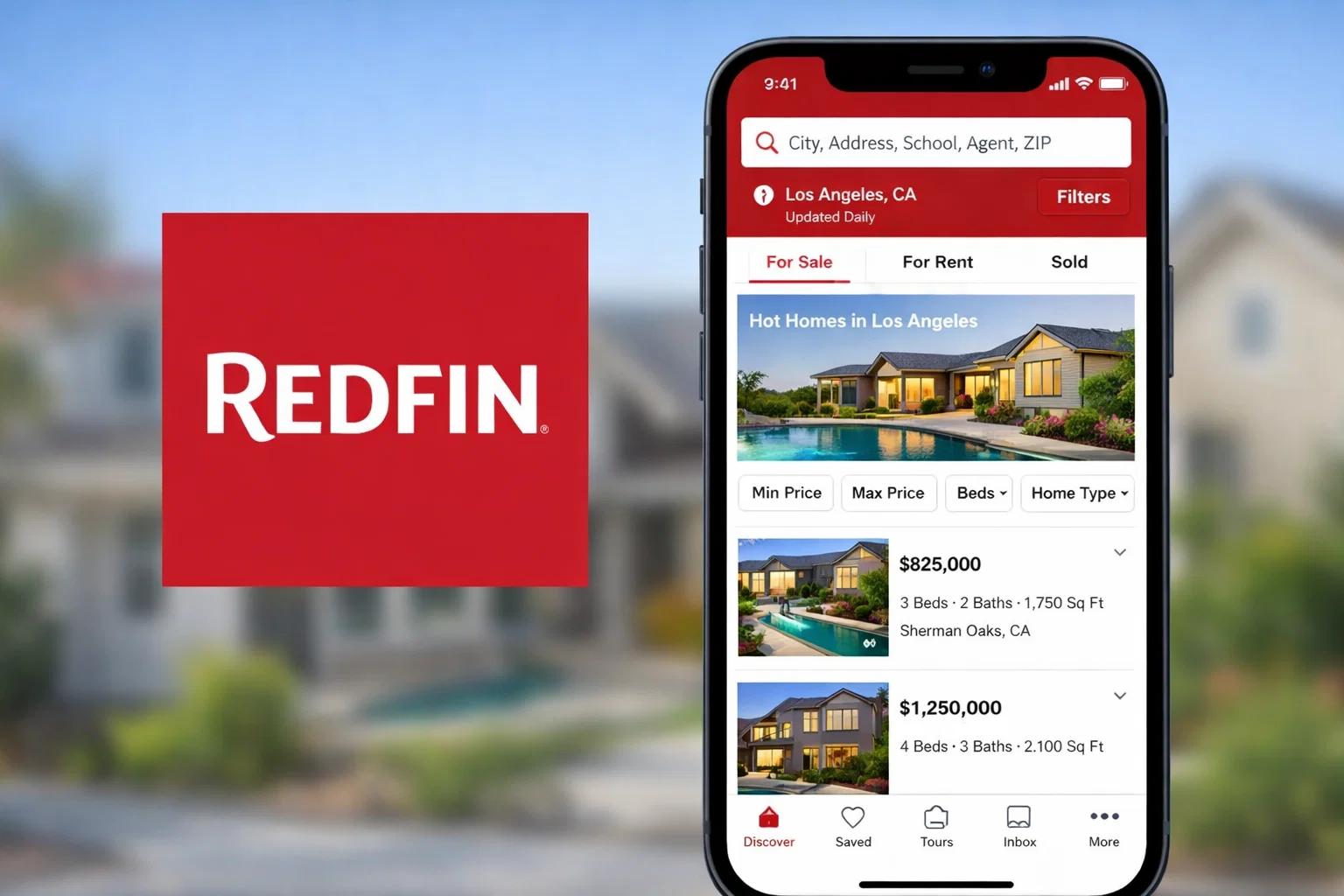 Redfin real estate mobile app displaying Los Angeles homes for sale with property listings and prices.