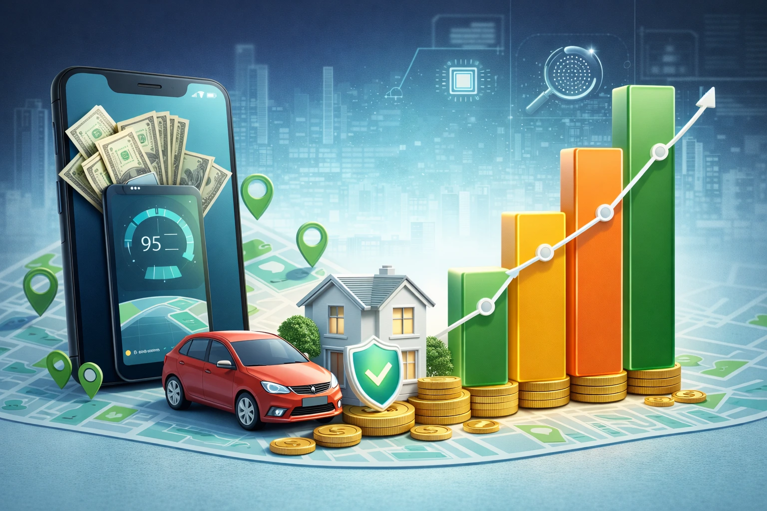 AI-driven auto insurance platform showing mobile risk scoring, vehicle coverage, and financial growth visualization