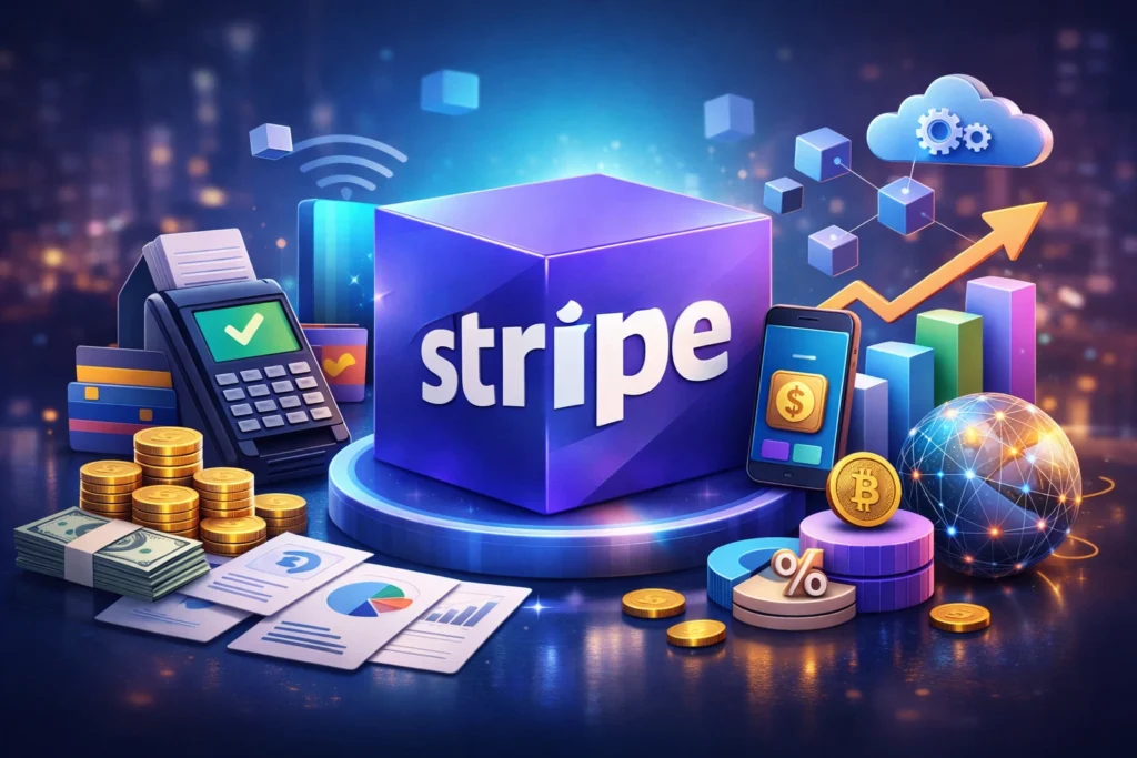 3D illustration representing Stripe revenue model 2026 with digital payments, fintech growth, and global financial services ecosystem
