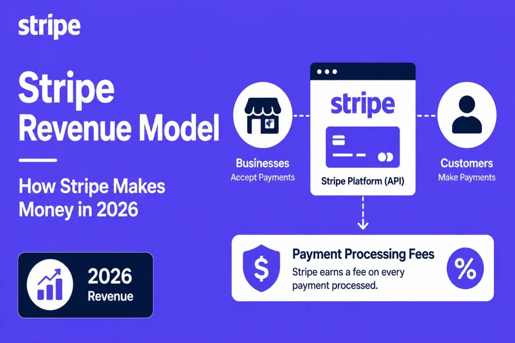 Featured image for Stripe revenue model showing businesses accepting payments, customers making payments, Stripe API platform, payment processing fees, and 2026 revenue strategy.