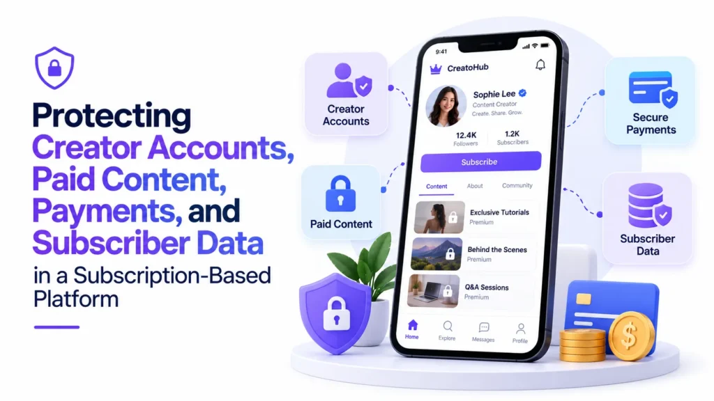 Subscription-based platform security protecting creator accounts, paid content, secure payments, and subscriber data.