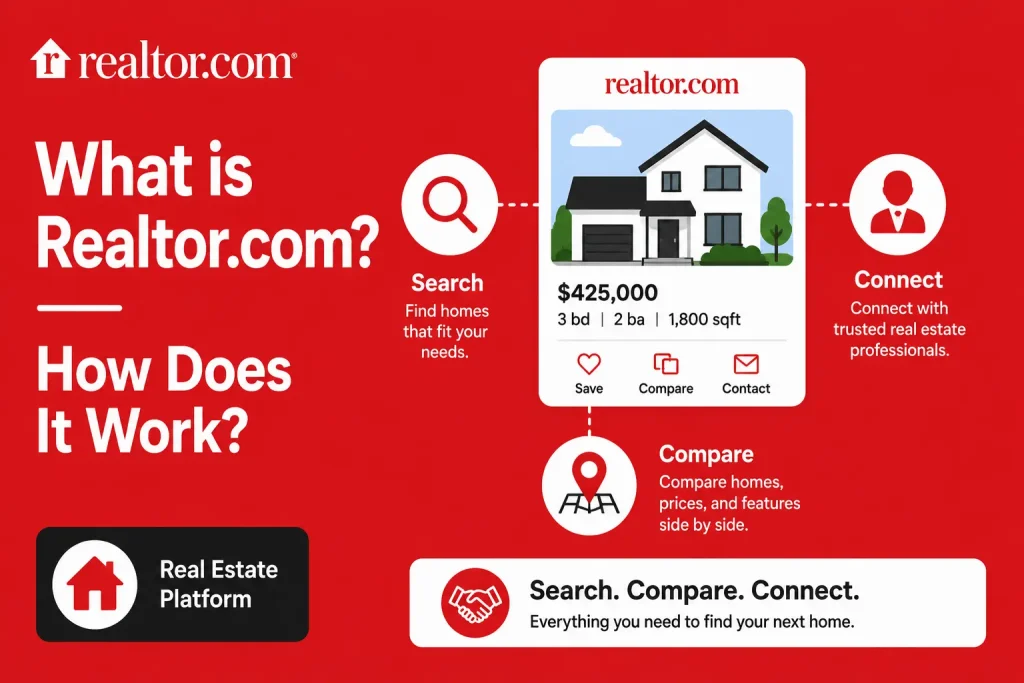 Featured image for Realtor.com overview showing real estate property search, home listing card, search, compare, contact, and trusted real estate professional connection workflow.