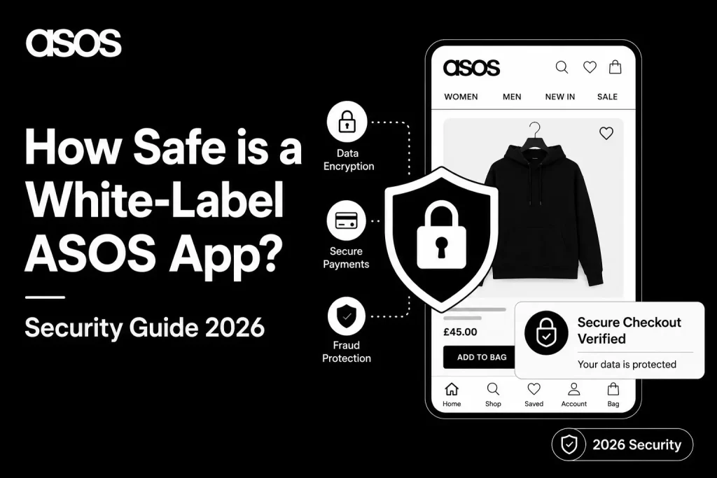 Featured image for white-label ASOS app security guide showing fashion app interface, data encryption, secure payments, fraud protection, and secure checkout verification.