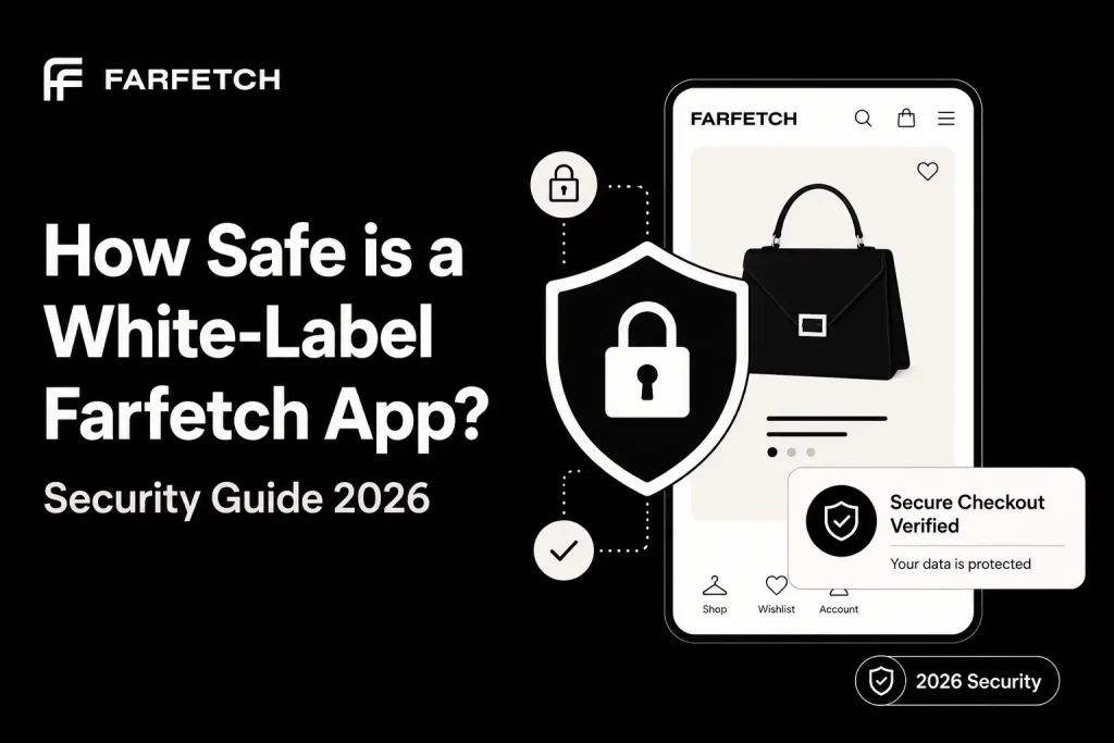 Featured image for white-label Farfetch app security guide showing luxury fashion app interface, secure checkout verification, shield lock icon, and 2026 security protection.