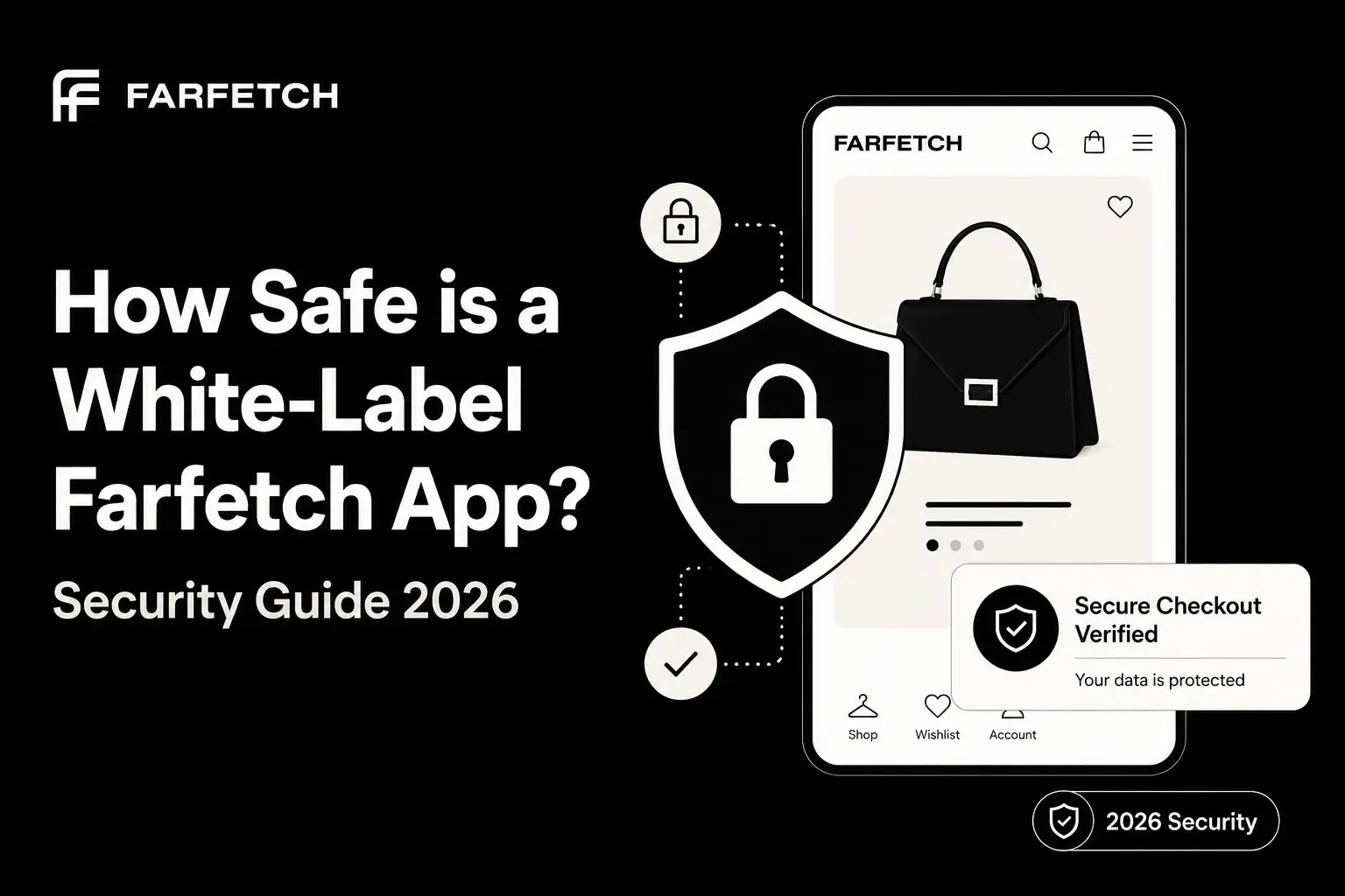 Featured image for white-label Farfetch app security guide showing luxury fashion app interface, secure checkout verification, shield lock icon, and 2026 security protection.