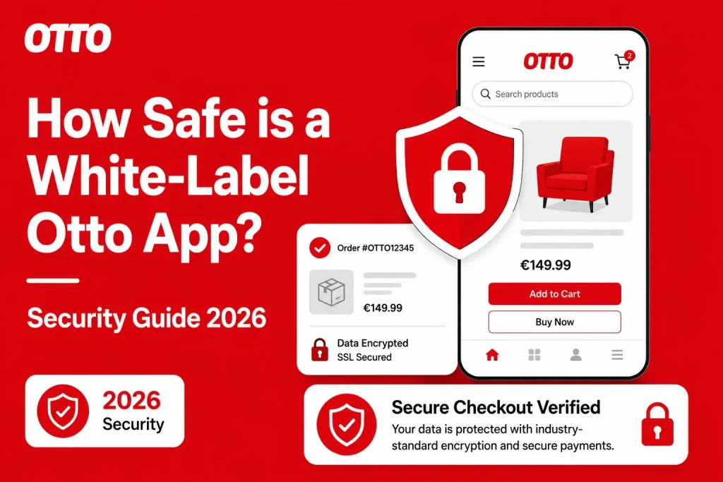 Featured image for white-label Otto app security guide showing ecommerce app interface, secure checkout verification, data encryption, SSL security, protected payments, and 2026 security assurance.