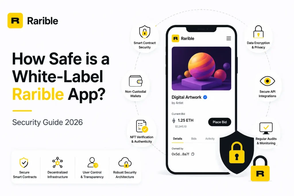 Rarible security guide infographic showing NFT marketplace safety features such as smart contract security, non-custodial wallets, NFT verification, encryption, secure APIs, and regular audits.