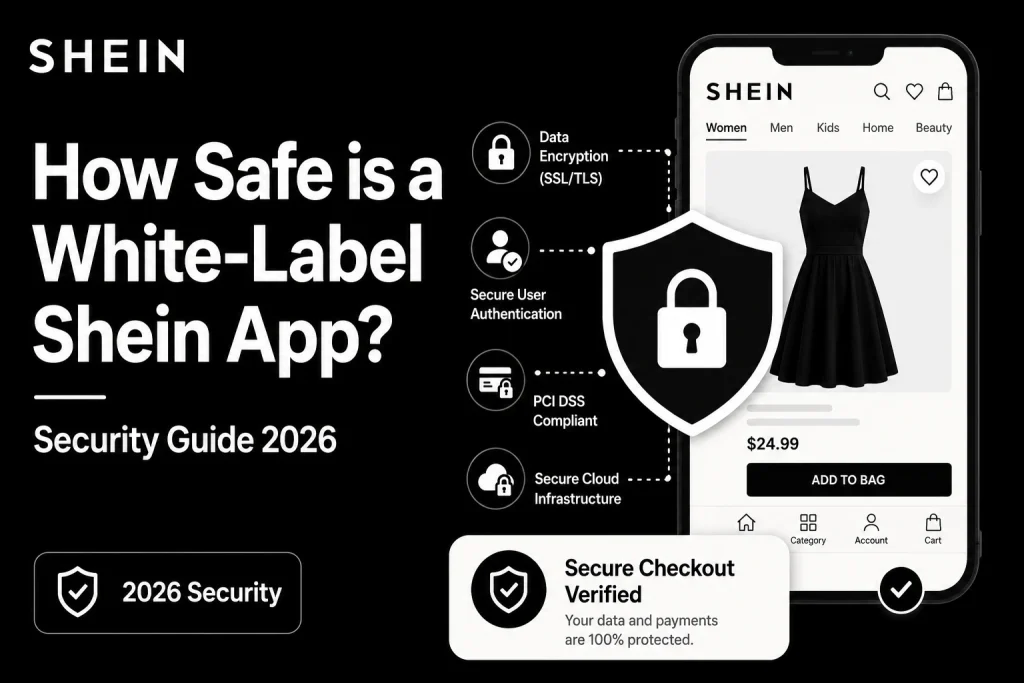 Featured image for white-label Shein app security guide showing fashion ecommerce app interface, secure checkout verification, SSL encryption, user authentication, PCI DSS compliance, and cloud security.