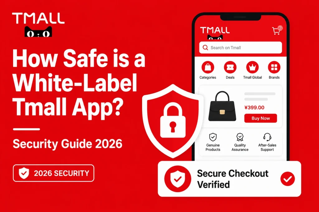Featured image for white-label Tmall app security guide showing ecommerce app interface, secure checkout verification, product authenticity, quality assurance, after-sales support, and 2026 security protection.