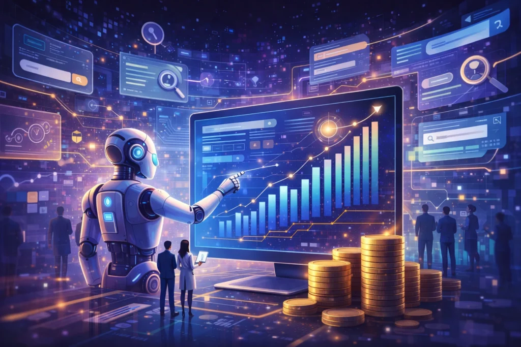 AI-powered search platform visualizing revenue growth and enterprise monetization for a You.com-style SaaS model