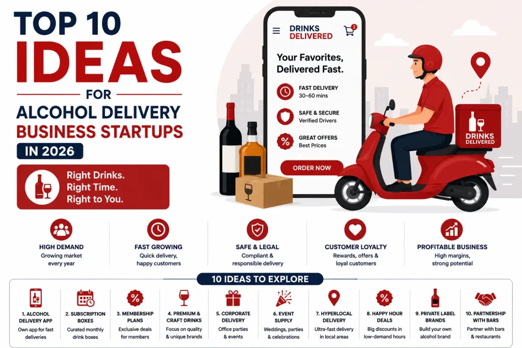 Top alcohol delivery business startup ideas infographic for 2026