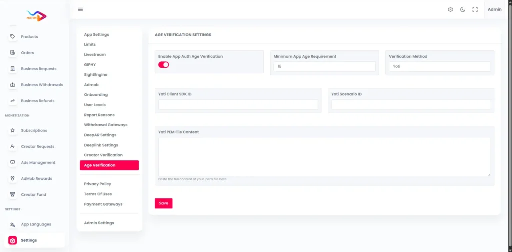 TikTok Clone 32 Admin Age verification panel