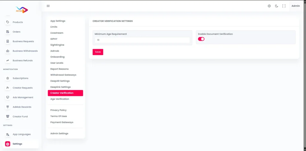 TikTok Clone 31 Admin Creator verification settings