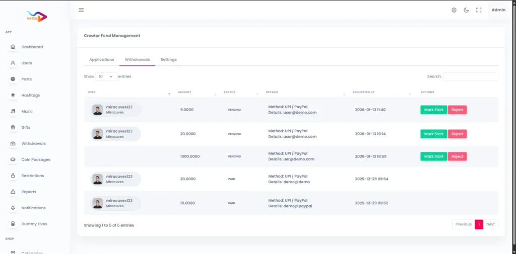 TikTok Clone 28 AdminCreatorFundManagementWithdrawal