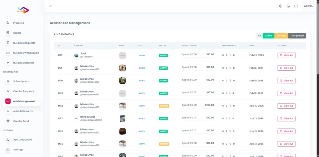 TikTok Clone 27 AdminCreatorsAdsManagement